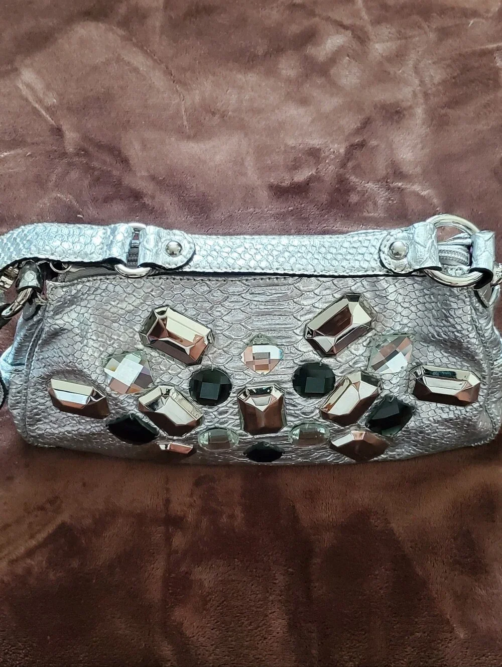 Kathy Van Zeeland Y2K Vintage Silver Jeweled Hobo Shoulder Bag
